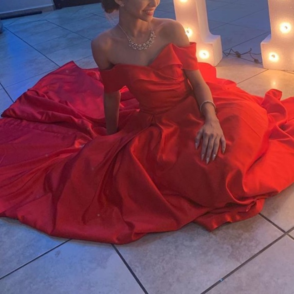 Red Off Shoulder Dress With Long Train
